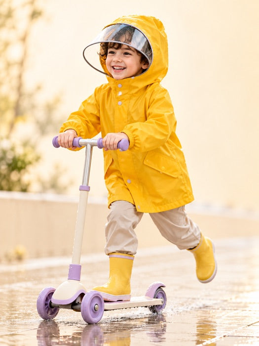 Sarı yağmurluklu çocuk scooter ile yağmurda